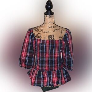 Draper James RSVP Tartan Red Heritage Plaid Puff Sleeve Peplum Shirred Blouse XL